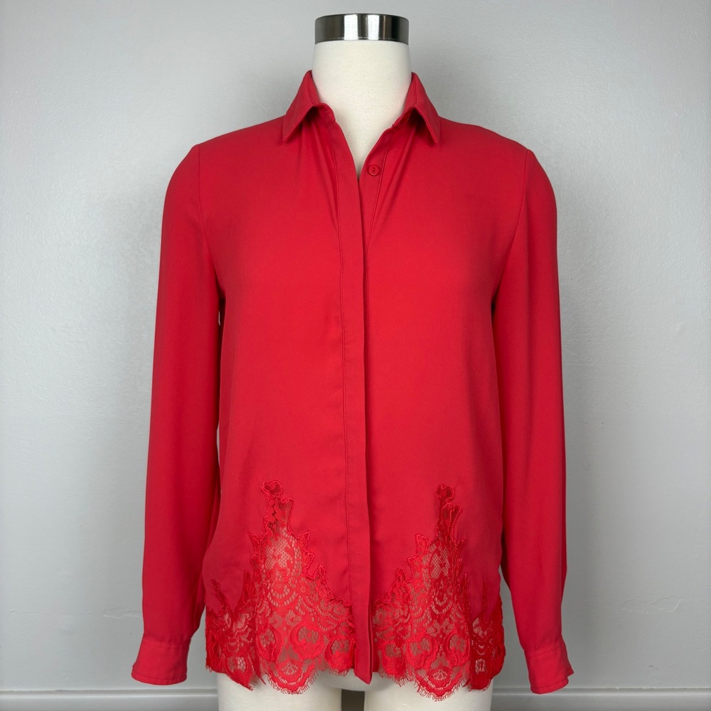 The Kooples Chiffon &‎ Lace Red Blouse Size XXS Button Up Long Sleeve Lace Hem